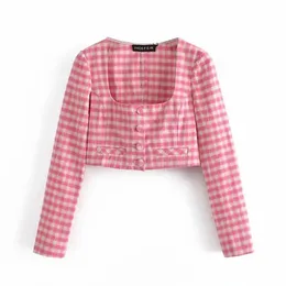 BBWM女性夏の女性正方形襟甘いピンクの格子縞のショートシャツ閉じる長袖トップ210520