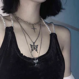 HUANZHI 2020 3pcs/set Three Layer Butterfly Cross Angel Pendant Grunge Metal Chain Necklace for Women Punk Cool Guy Jewelry G1206