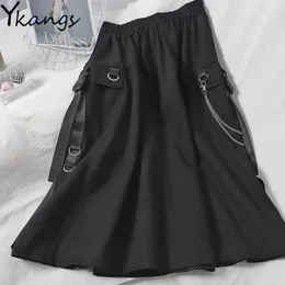 Harajuku High Waist Loose A-line Cargo Skirt Women Pocket Solid Midi Long Black Skirt Fashion Korean Hip Hop Chain Streetwear 210619