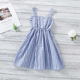 Summer Girls Striped A-line Dress for Kids Lovely Button Preppy School Sundress Causal Clothing 210529