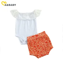 0-2Y Sommer Kleinkind geboren Baby Mädchen Kleidung Set Spitze Schulterfrei Strampler Blumen Shorts Outfits Kleidung Kostüme 210515