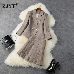 High Quality Spring Fashion Runway Two Piece Outfit Women Notched Blazer and Pleated Skirt Suit Office Lady Party Twinset 210601