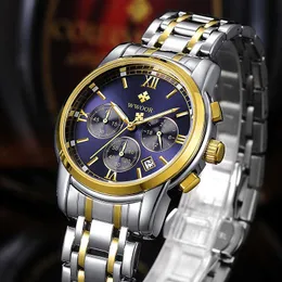 ステンレス鋼のゴールドの高級ビジネスの男性クォーツの腕時計の光の防水クロノグラフReloj Hombre 210527
