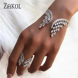 Zakol Fashion Luxury Cubic Zirconia Big Angle Wings Shaped Cuff Bracelet Bangle for Women Girl Party Wedding Jewelry Fsbp2011 Q0717