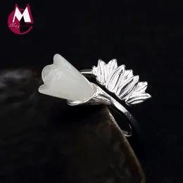 Cluster Rings Fashion Fashion Fashion Natural Stone Jade Magnolia Начальные регулируемые дамы Кольцо 100% 925 Серебряные украшения 2021 Женщины R46