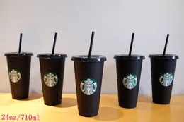 Starbucks حورية البحر آلهة 24 أوقية / 710 ملليلتر أكواب بلاستيكية بهلوان قابلة لإعادة الاستخدام سوداء الشرب مسطح أسفل عمود شكل غطاء القش كأس الحرة dhl