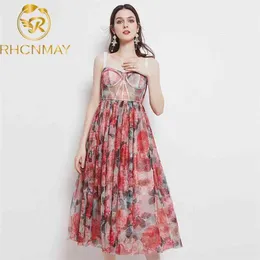 Designer Floral A Line Vintage Elegante Party Night Dress Spaghetti Strap Summer Sexy Goblincore Midi Elbise Robes 210506