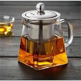 Heat Resistant Glass Teapot With Stainless Steel Infuser Heated Container Tea Pot Good Clear Kettle Square Filter Baskets 210621