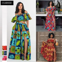 ISAROSE Set di abiti da festa sexy da donna 2 pezzi Rich Bazin Dashiki Print Slash Neck Crop Top African Ankara Plus Size Maxi abiti 210422