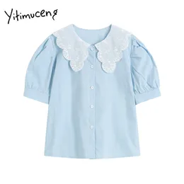 Yitimuceng Blouse Mulheres Botão para cima Camisas Peter Pan Collar Slow Slow Sólida Sólida Verão Azul Coreano Fashion Tops 210601