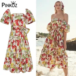 fruit flower printed puff sleeve summer holiday dresses for women luxury high quality hit color female robe boho 210421