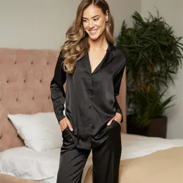 HECHAN Black Sleepwear Female Satin 2 Piece Set Solid Women Pajamas Loose Pants Casual Home Suit Sets Nightwear Winter Pocket 210928