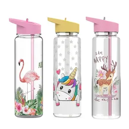 100%Tritan Sports Outdoor Water Bottle With Flamingos&Unicorn Printing My Drink Juice Handle Straw Kettle