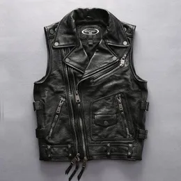 Men's Vests Men Style Cowhide Vest Top Quality Motorcycle Rider Genuine Leather Double Zipper Sleeveless Coat