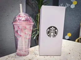 500 ml süße Sakura-Starbucks-Becher aus doppeltem Kunststoff mit Strohhalmen aus PET-Material für Kinder, Erwachsene, Girlfirend-Geschenkprodukte