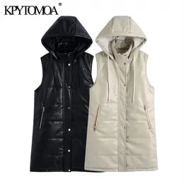 KPytomoa Mulheres Moda Faux Couro Com Capuz Acolchoado Acolchoado Vintage Sem Mangas Zip-up Feminino Outerwear Chic Overcoat 211120