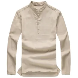 Jakość Moda męska Sweter Koszula Z Długim Rękawem Koszule Linen Stoi Mandarin Bezbarwny Koszula Dla Mężczyzn Casual Camisas Manga Longa 210518