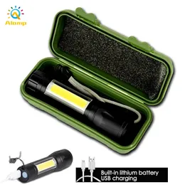 Bärbar mini LED ficklampa Torch lampa 350lm byggd i batteri XPE COB Super Bright Q5 Torches Ljus Zoom Fokus Camping Lights