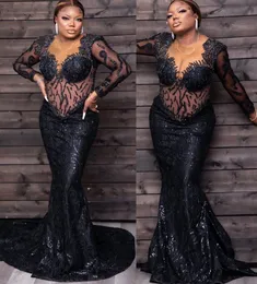 بالإضافة إلى الحجم العربي ASO ebi Black Sparkly Mermaid Dresses Prom Dresses Sycled Long Sleeves Evening Party Second Second Disparty Condragement Dression ZJ445 407