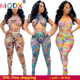 Women Mesh Two Piece Sets Sexy Sheer Clubwear Halter StraplTops+tights Contast Color Print Outfits Fashion Legging Suit 5483 X0709