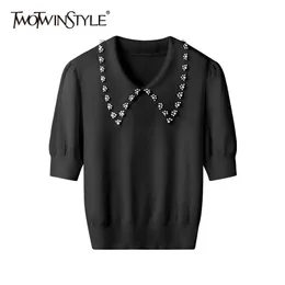 Biały Patchwork Diament Sweter dla Kobiet Lapel Z Krótkim Rękawem Casual Dzianiny Topy Kobiet Moda Odzież 210524