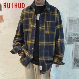 Ruihuo Siyah Erkek Gömlek Ekose S Giyim Damalı Bluz M-5XL Bahar Varış 210721