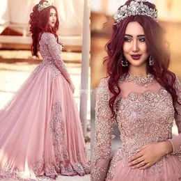 2022 Arabski Dubaj Luksusowe Quinceanera Suknie Handmade Zroszony Koronki Aplikacje Tulle Vestidos DE 15 Años Jewel Długie Rękawy Bride Formalna okazja Ball Suknia Bal Sukienka