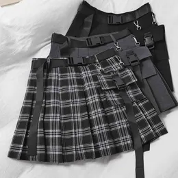 Joinyouth Pleated Mini Skirt Gothic Haruku Lady Cargo Pocket A-line Faldas Hip-hop Streetwear Casual Black Plaid Skirts 210407