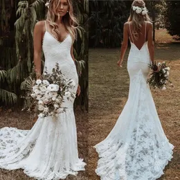 Country Lace 2021 Mermaid Wedding Dresses Bridal Gown With Spaghetti Straps Custom Made Sweep Train Plus Size Sexy Backless Vestidos De Novia