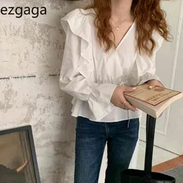 Ezgaga blusa elegante mujer cuello pico volantes camisas blancas coreanas Chic primavera todo-fósforo sólido suelto vendaje Shrits moda 210430