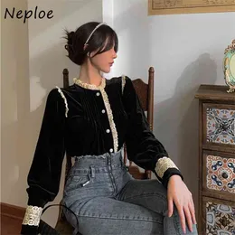 Elegante camicetta in velluto patchwork in pizzo da donna colletto alla coreana manica lunga monopetto Blusas Spring Shirt Feminino 210422
