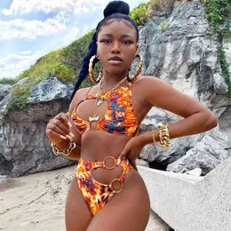 Afrikansk stil bikini baddräkt sexig cut ut badkläder kedja ring simning för kvinnor två bit baddräkt blommig Biquini 210621