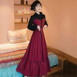 Vintage vermelho manta mulheres longas vestir primavera conjunto falso vestidos de manga completa tornozelo-comprimento da noite festa elegante vestidos 210603