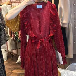 Korea Dot Print Bandage Red O-Neck Full Dress Folds Rufflrs Design CottageCore Robe Spring Slank Waist Vestido Ätbar svamp 210514