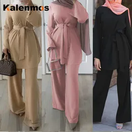 Ramadan Eid Muslim Dress Women Two Pecs Set Blus Wide Ben Byxor Dubai Abaya Spring Party Ropa Kaftan Islamic Turkiet African Y0625