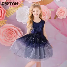 Dxton Baby Girls Summer Dress Ärmlös Prinsessan Tutu Dress Sequined Kids Wedding Party Girls Dress Bow Barn Kostymer 3-8Y G1129