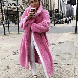Pink Teddy Bear Long Coats Women Winter Thick Warm Oversized Chunky Outerwear Faux Lambswool Fur Coats Solid High Street 211129