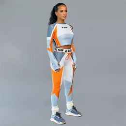 Kobiety Z Długim Rękawem CropTop Slim Strój Dres Dwa Kawałki Zestaw Letter Drukuj Wysokiej Elastycznej Skinny Legginsy Kobiet Sportswear 211105