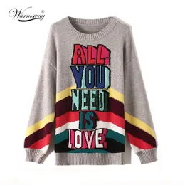 Marke Designer Herbst Winter Pullover Dicke Warme Pullover Mode Regenbogen Brief Jacquard Strickwaren Frauen O Neck Tops C-043 211124