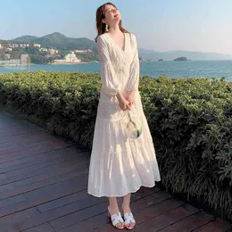 Ankomst sommar boho kvinnor maxi klänning vit spets lång tunika strand semester semester kläder 210520