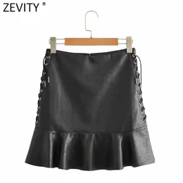 Zevity女性ヴィンテージサイドレースアップPUレザーAラインスカートファルダスムザー女性バックジッパーシック裾フリルVestidos Qun709 210603