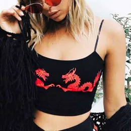 Kobiety Dorywczo Dragon Wzór Crop Tops Lato Przycięte Seksowne Ciasne atrakcyjne Fitness Poliester U Neck Moda Bez Rękawów Paski 210527