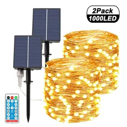 Outdoor Słoneczne Światła Sznurowe 1000 LED Fairy Solar Fairy Lights z 8 Tryby oświetleniowe Wodoodporna Dekoracja Miedzi Światła drutu F 211104