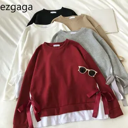 Ezgaga bandage suéter mulheres outono inverno novo coreano o-pescoço bowknot solto falso dois streetwear tops harajuku sudadera mujer 210430