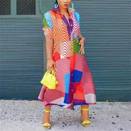 秋のアフリカの女性のブラウスオフィスエレガントな縞模様の長袖シングルブレストミッドカーフルーズファッションビジネスワーク着用ドレス210510