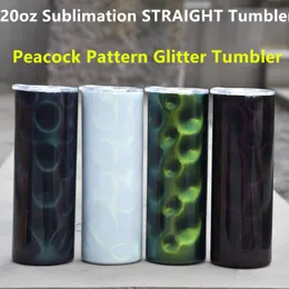 Puste Sublimation Tumbler 20oz prosty Skinny Tumbler 3d Dazzle Color Tumblers Peacock Wzór Glitter Tumbler z pokrywkami Ze Stali Nierdzewnej Podróży Kubek Kubek