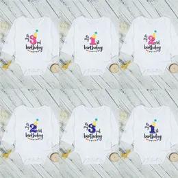 Neugeborenes Baby Langarm-Babyspielanzug Mein erster Geburtstag Briefdruck Mädchen Jungen Kleidung Baby Junge Geburtstagsparty Kleidung 0-24M 2470 Q2