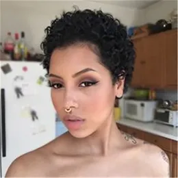 Krótki Pixie Cut Afro Kinky Kręcone Ludzkie Włosy Peruki Dla Kobiet Natural Black Brak Koronkowa Przód Wig