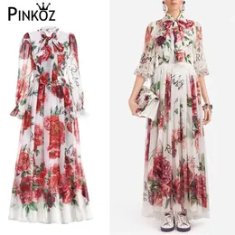 landningsbana designer ros blomma bokstav vintage lyx maxiklänning för kvinnor boho robe de mujer långärmad rosett krage vestidos 210421