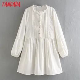 Tangada 2021 Donne della Molla Rappezzatura Del Merletto Bianco Abito di Cotone Increspature Delle Signore Del Manicotto Lungo Allentato Mini Vestito Abiti CE46 210319